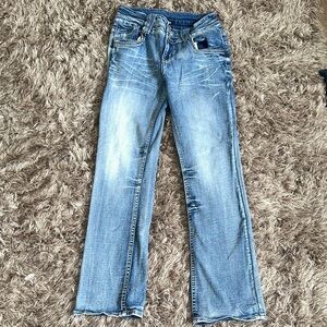 Flamingo Vintage Embroidery Flap Pocket Double Button Bootcut Jeans Size 29